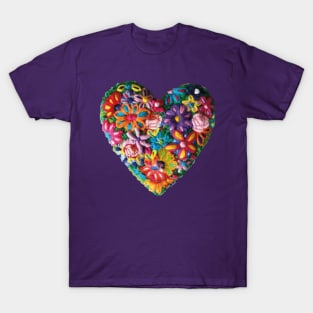 Embroidered heart Mexican flowers handmade boho chic colorful string art T-Shirt